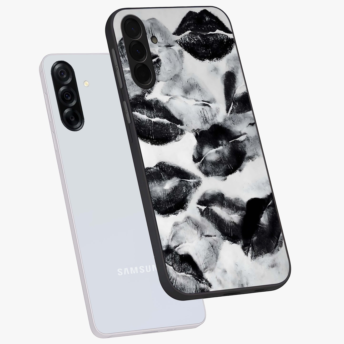 Midnight Kiss Marks Glass Case displayed in angled mockup highlighting playful romantic design with bold midnight aesthetic.