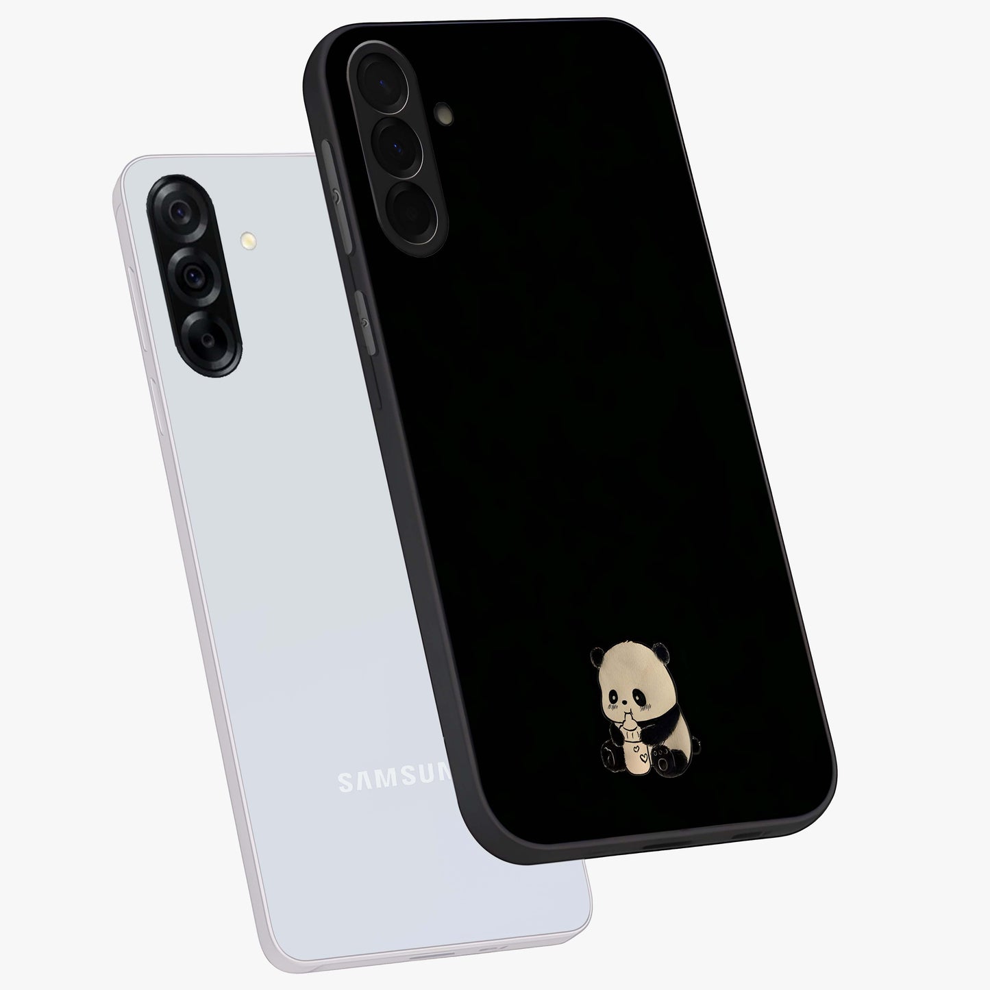 Midnight Panda Love Glass Case displayed in angled mockup highlighting adorable panda illustration with midnight aesthetic.