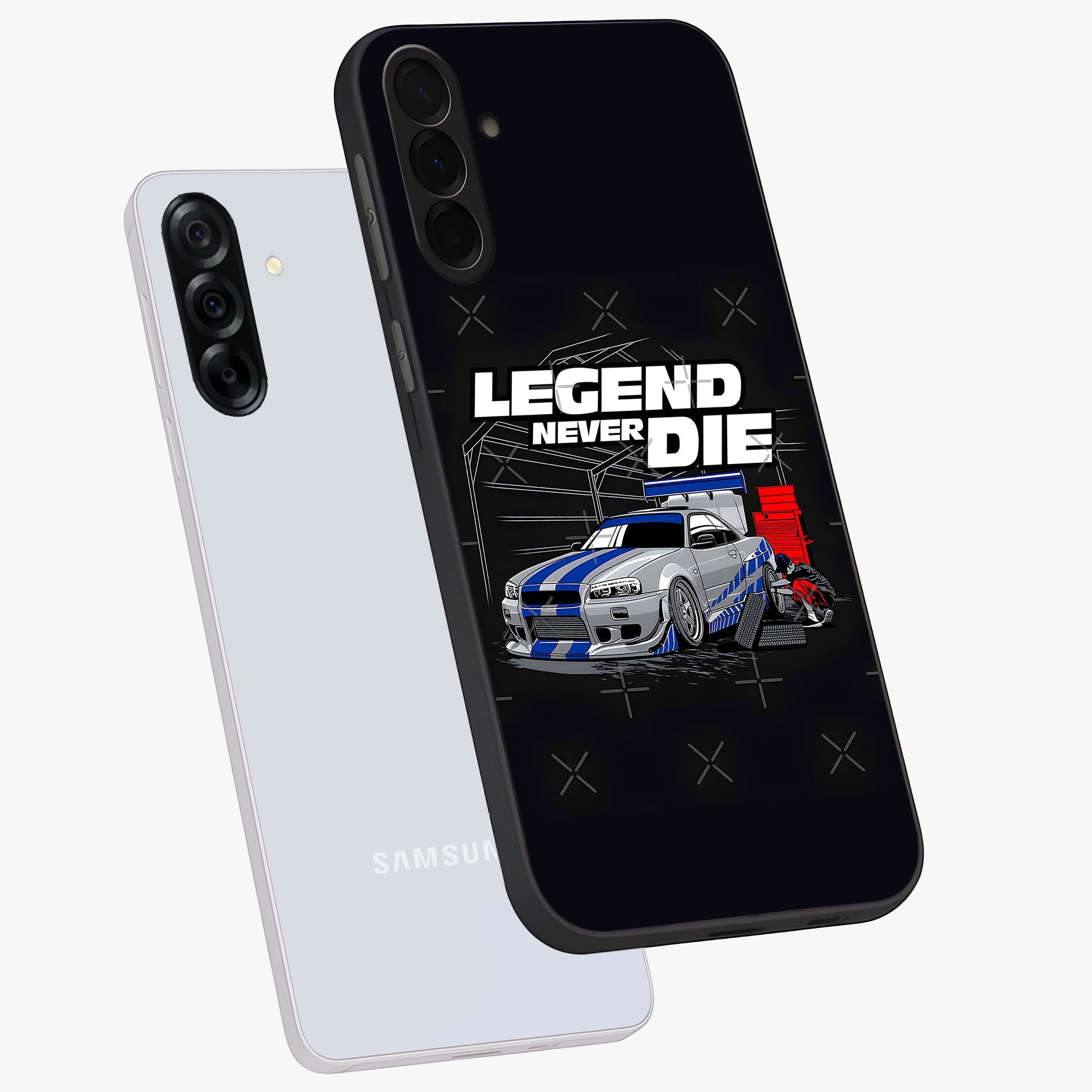 Midnight Racing Legacy Glass Case displayed in angled mockup highlighting dynamic automotive design with bold midnight aesthetic.