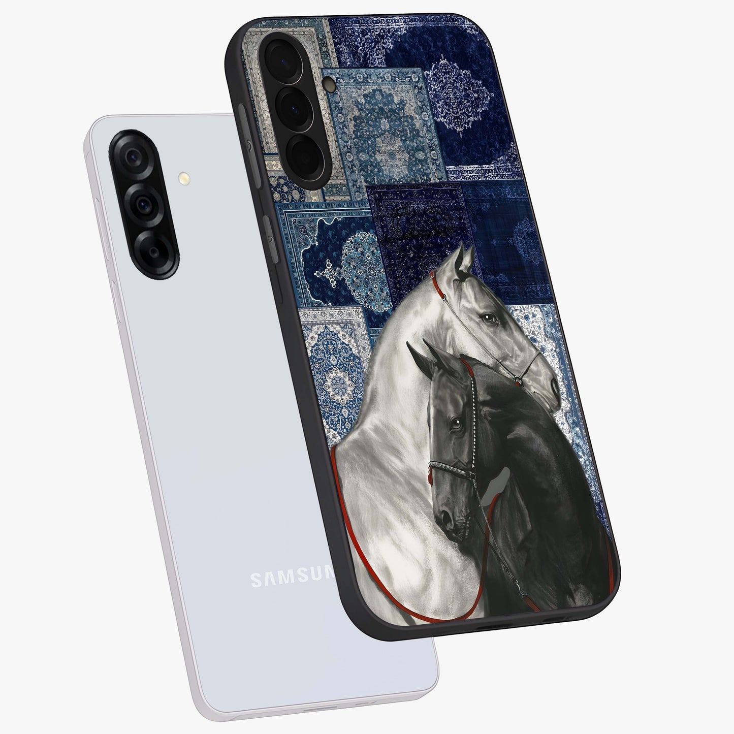 Midnight Stallion Blues Glass Case displayed in angled mockup highlighting powerful stallion illustration with deep midnight tones.