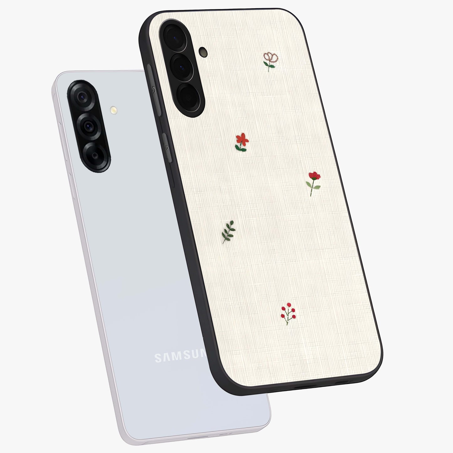 Minimalistic Blue With White Flower Pattern Glass Case displayed in angled mockup highlighting simple floral design with minimal aesthetic.