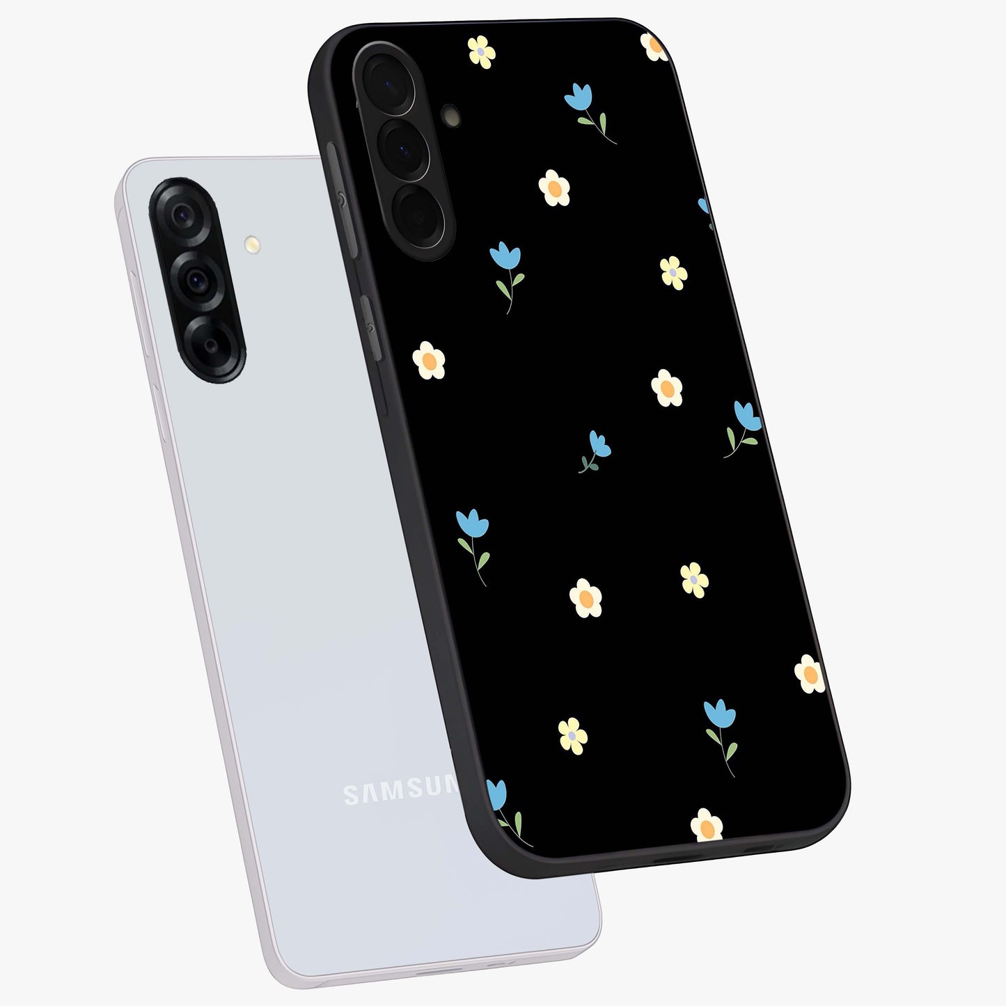 Minimal Petal Whispers Glass Case displayed in angled mockup highlighting delicate petal design with clean minimal aesthetic.