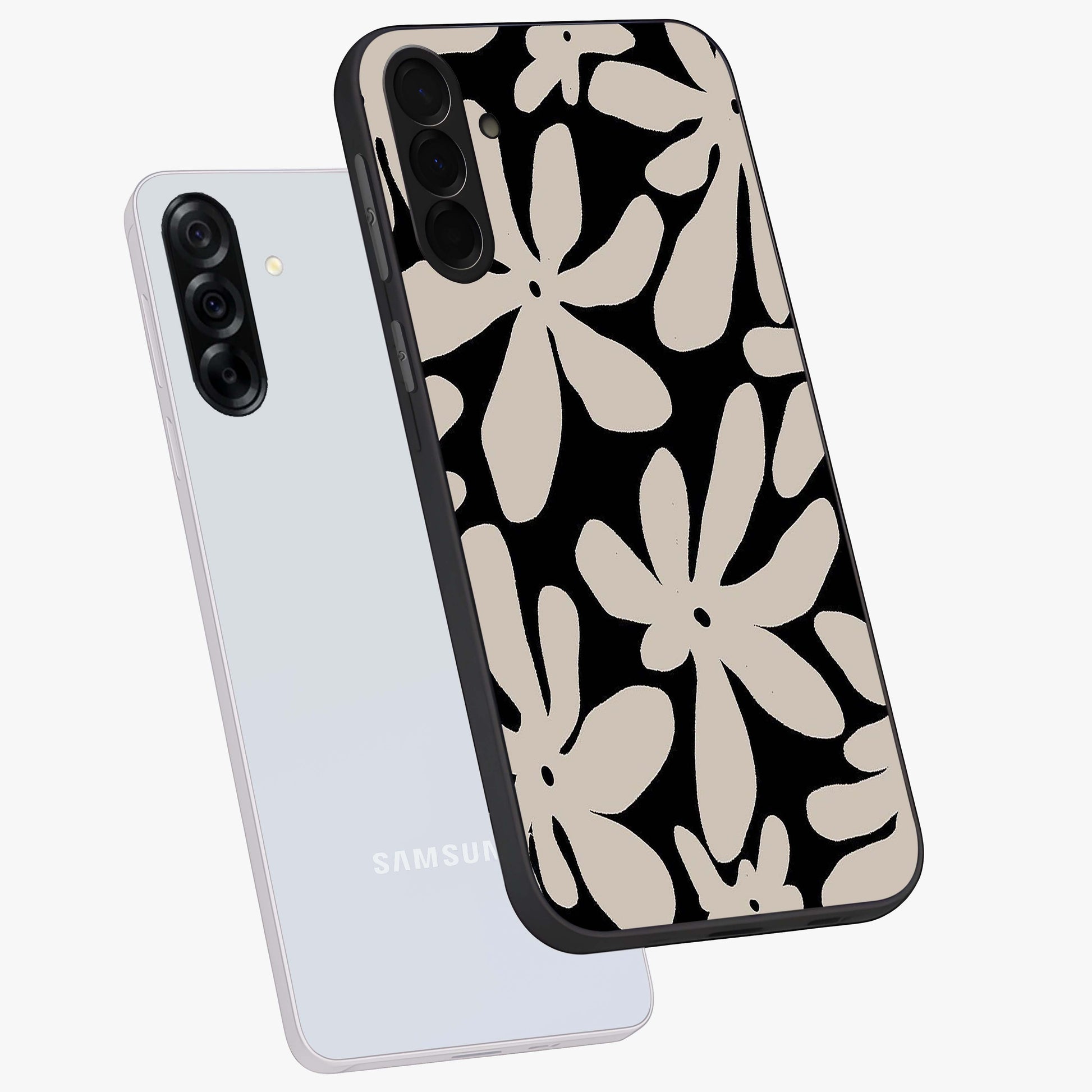Monochrome Petal Dance Glass Case displayed in angled mockup highlighting elegant petal design with black and white aesthetic.