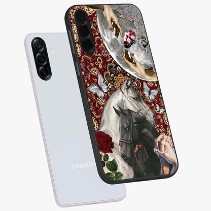 Moonlit Royal Stallion Glass Case displayed in angled mockup highlighting powerful stallion illustration with royal night aesthetic.