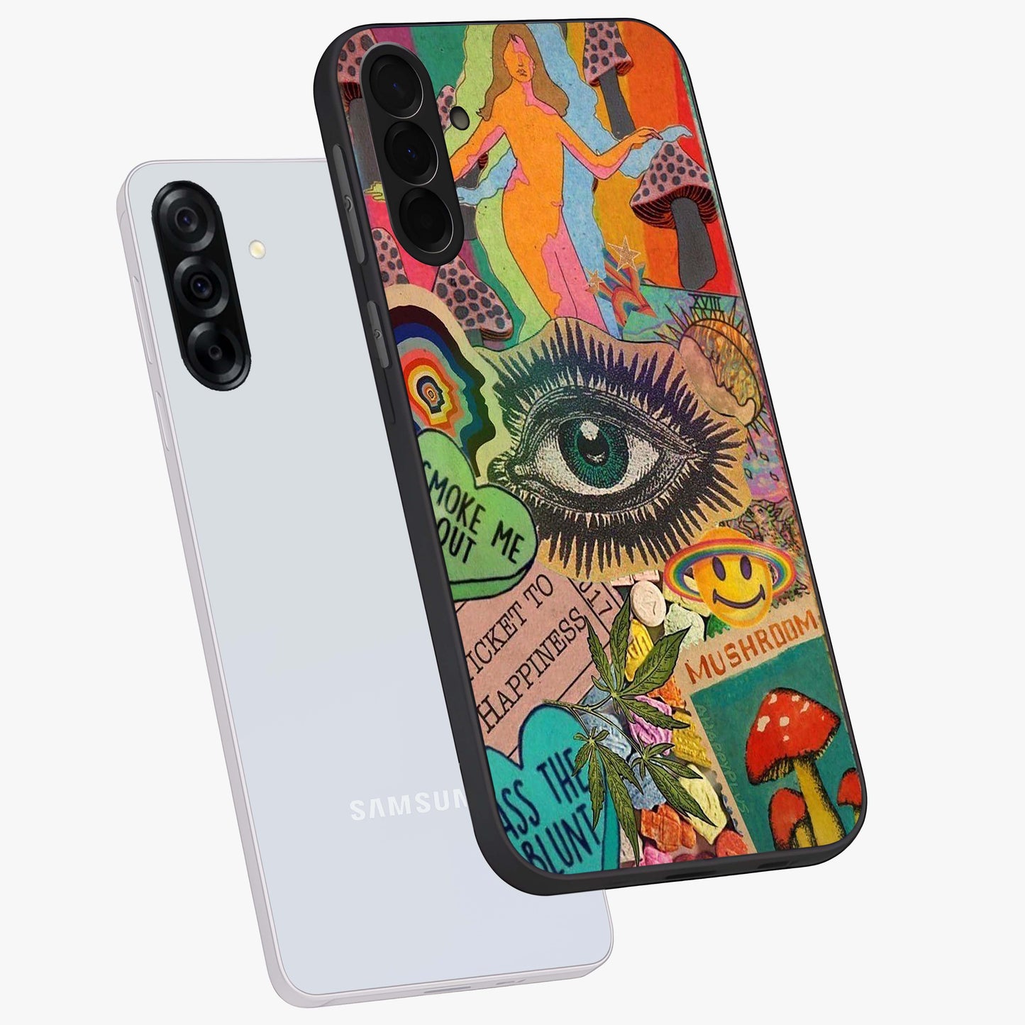 Mystic Eye Wonderland Glass Case displayed in angled mockup highlighting magical eye illustration with dreamy aesthetic.