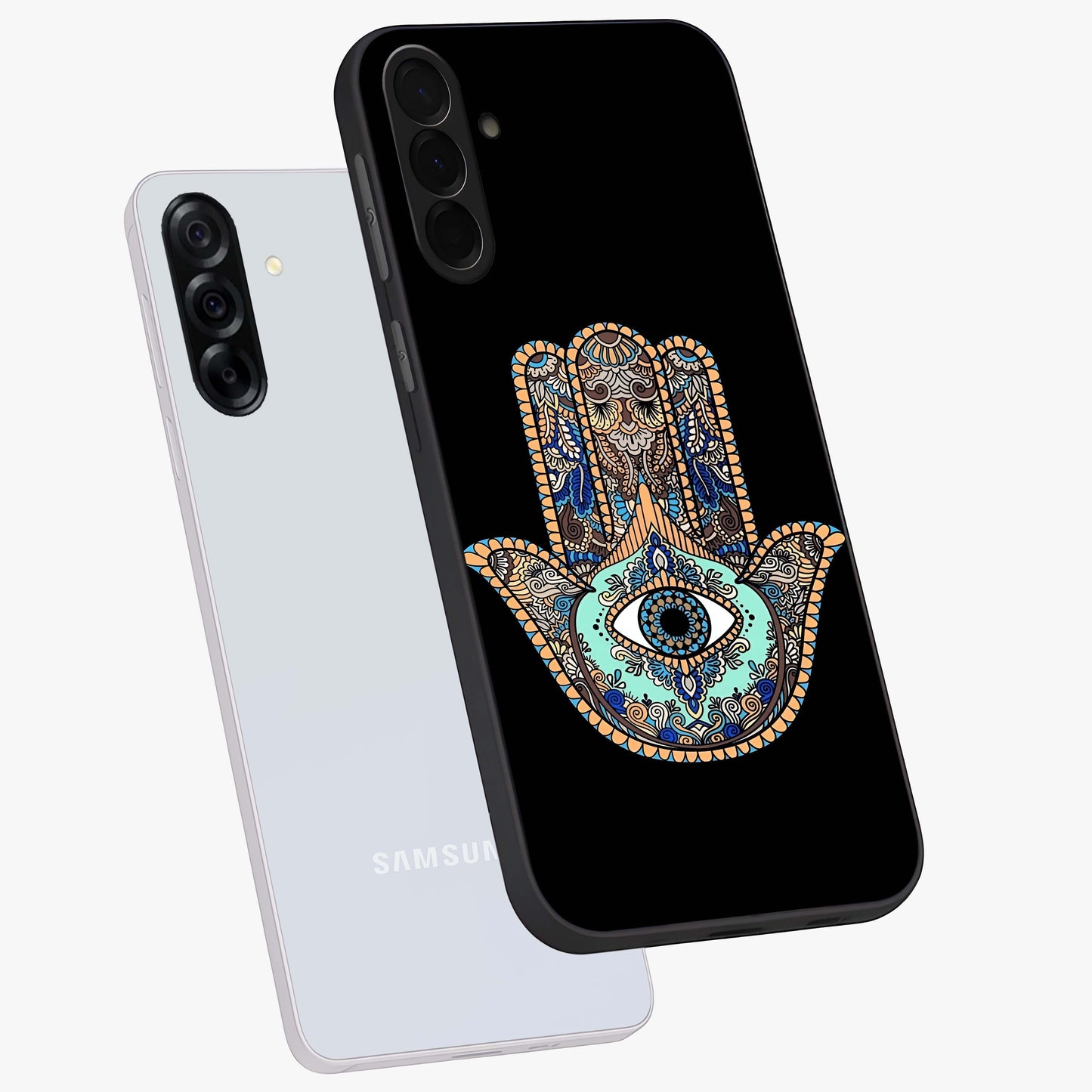 Mystic Hamsa Eye Glass Case displayed in angled mockup highlighting spiritual hamsa symbol with mystical aesthetic style.