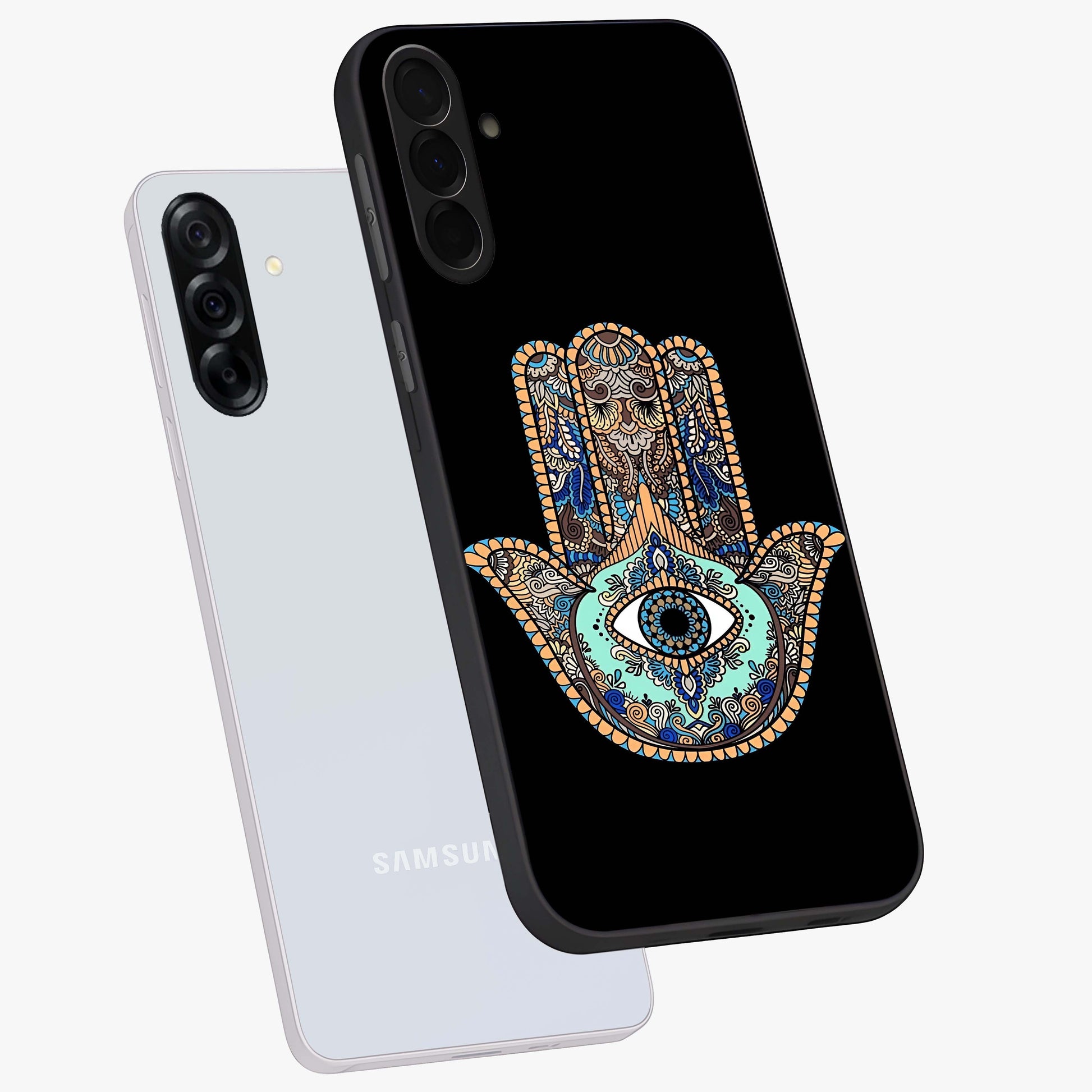 Mystic Hamsa Eye Glass Case displayed in angled mockup highlighting spiritual hamsa symbol with mystical aesthetic style.