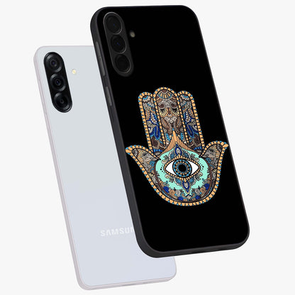 Mystic Hamsa Eye Glass Case displayed in angled mockup highlighting spiritual hamsa symbol with mystical aesthetic style.
