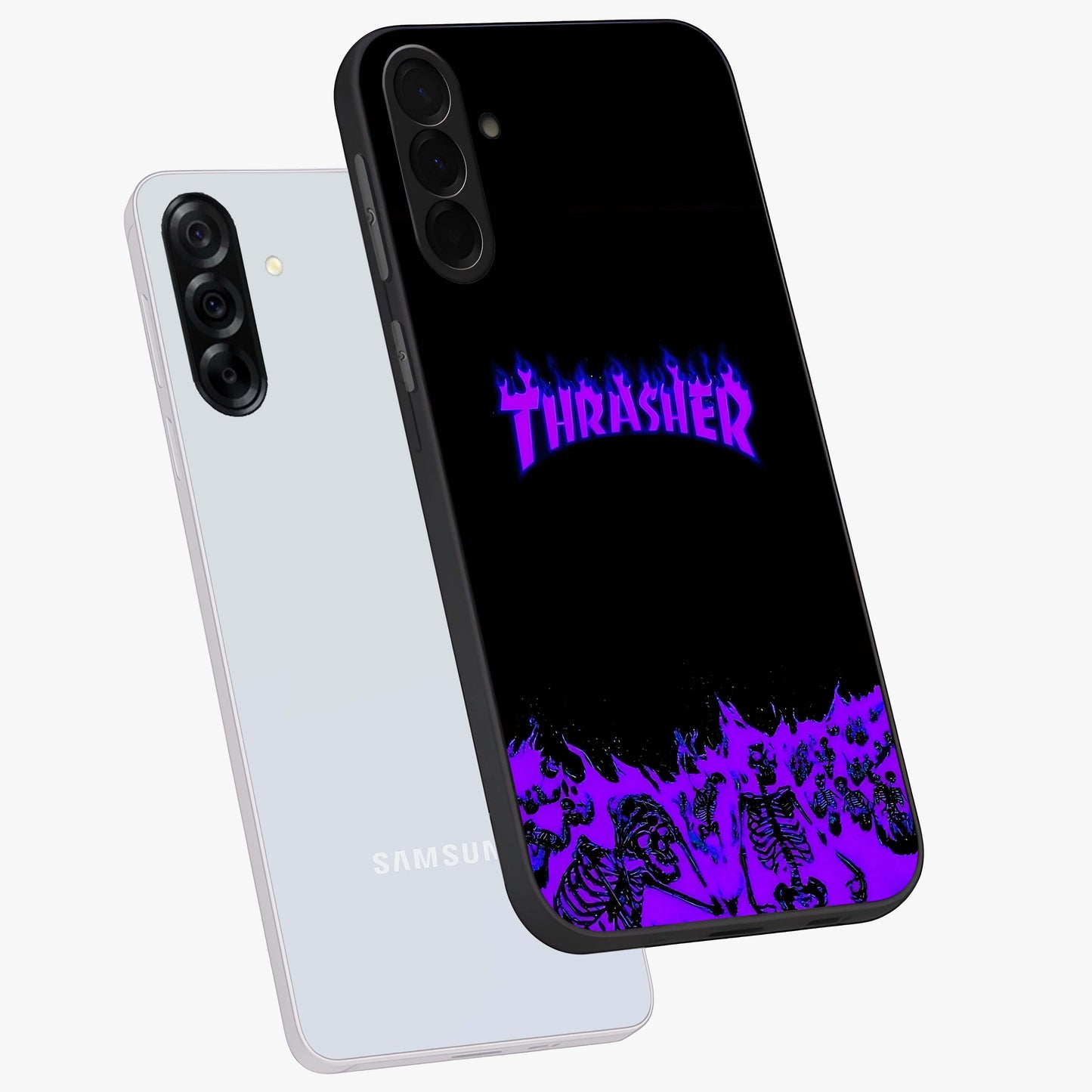 Neon Flame Riot Glass Case displayed in angled mockup highlighting glowing flame design with vibrant neon aesthetic.