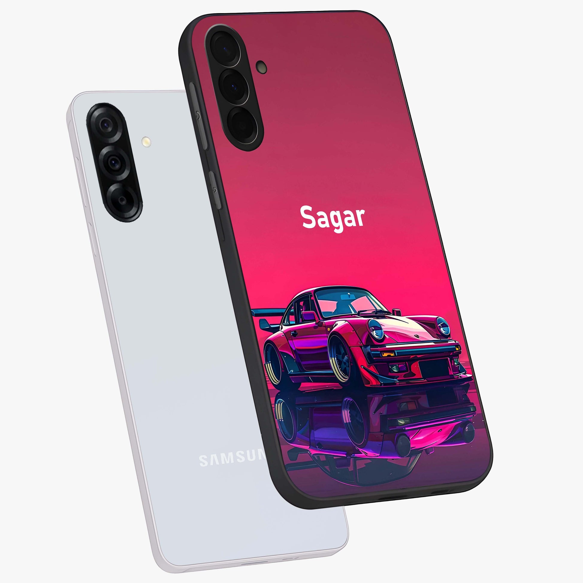 Neon Pink Porsche Glass Case displayed in angled mockup highlighting sleek neon pink car design with racing aesthetic.