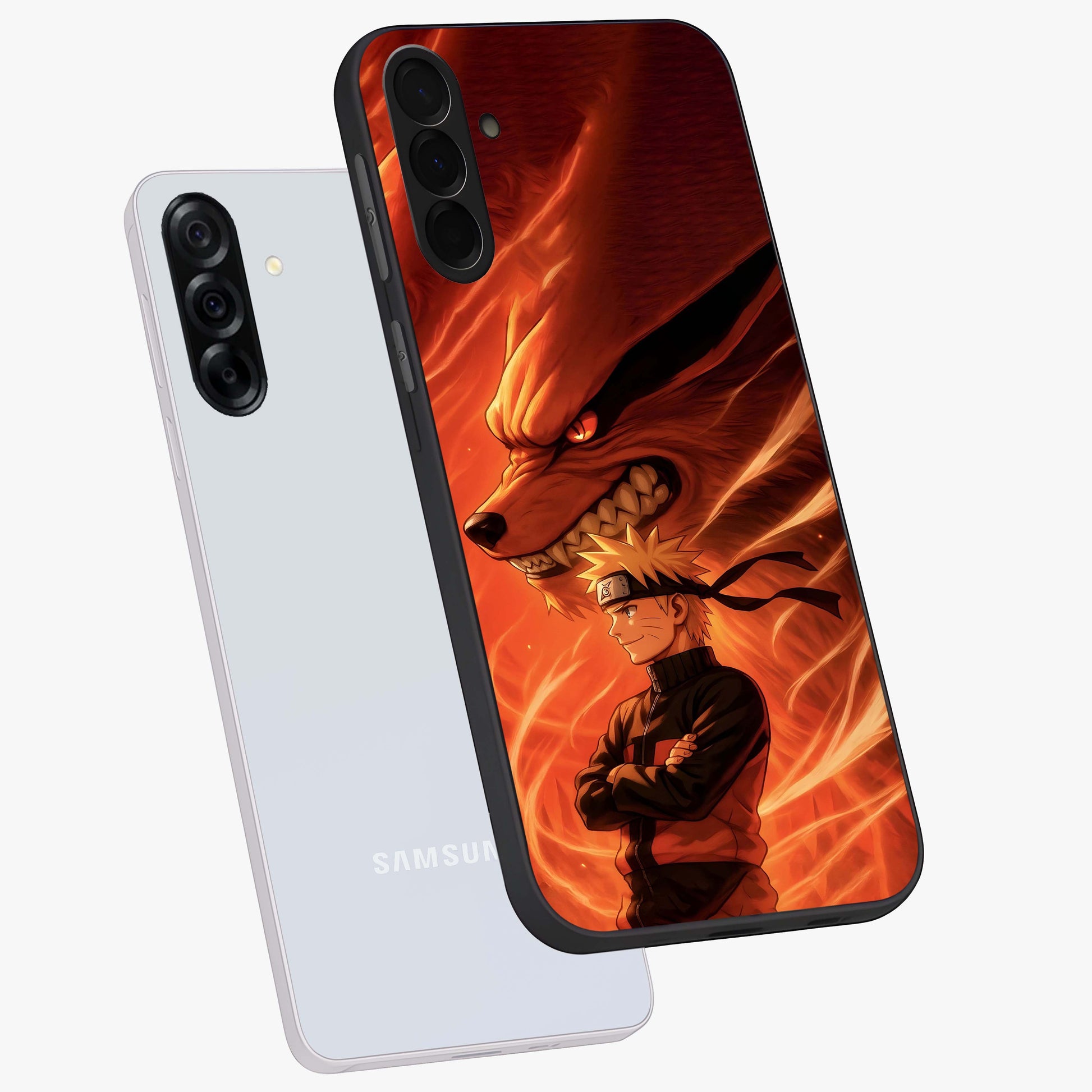 Nine Tails Legacy Glass Case displayed in angled mockup highlighting dynamic anime beast illustration with bold mystical aesthetic.