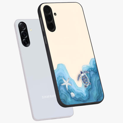 Ocean Drift Turtle Glass Case displayed in angled mockup highlighting peaceful ocean turtle illustration with marine aesthetic.