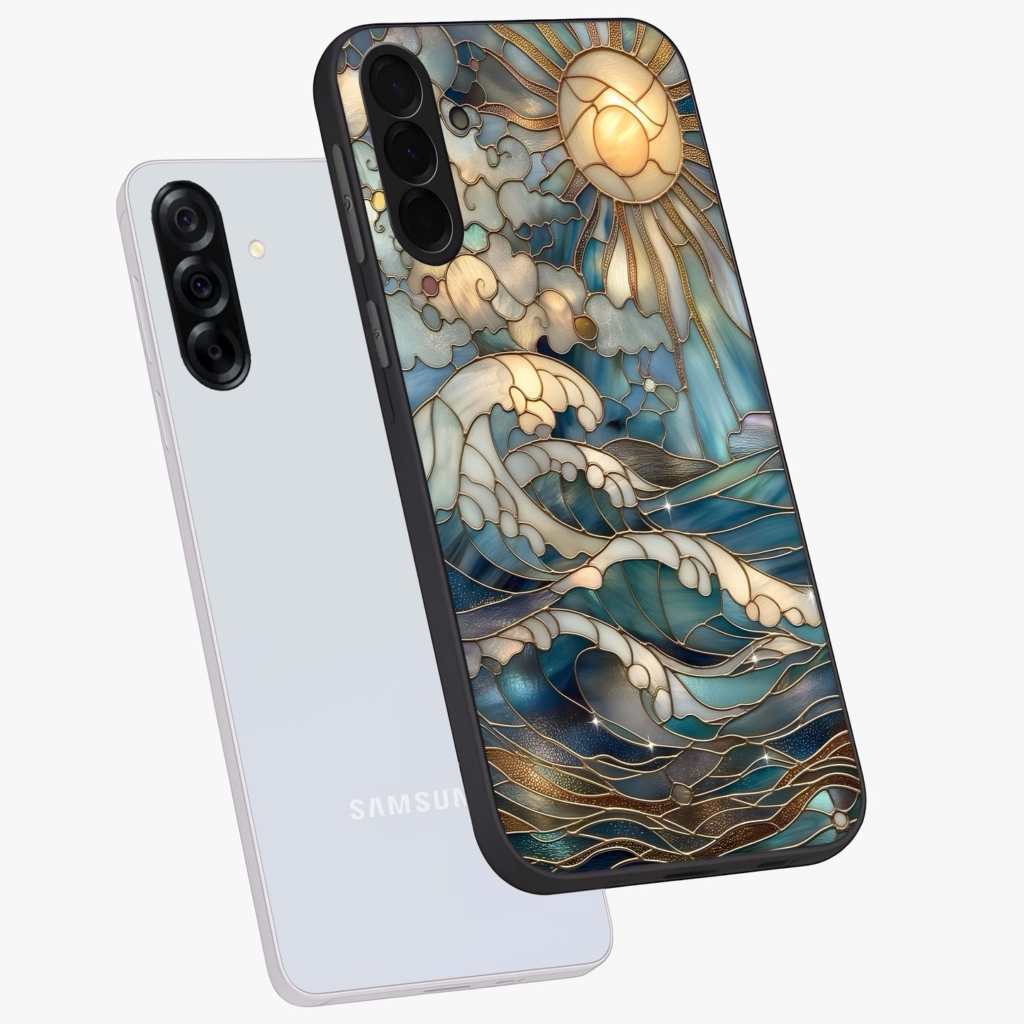 Oceanic Stained Printed Glass Case displayed in angled mockup highlighting colorful aquatic design with artistic aesthetic style.