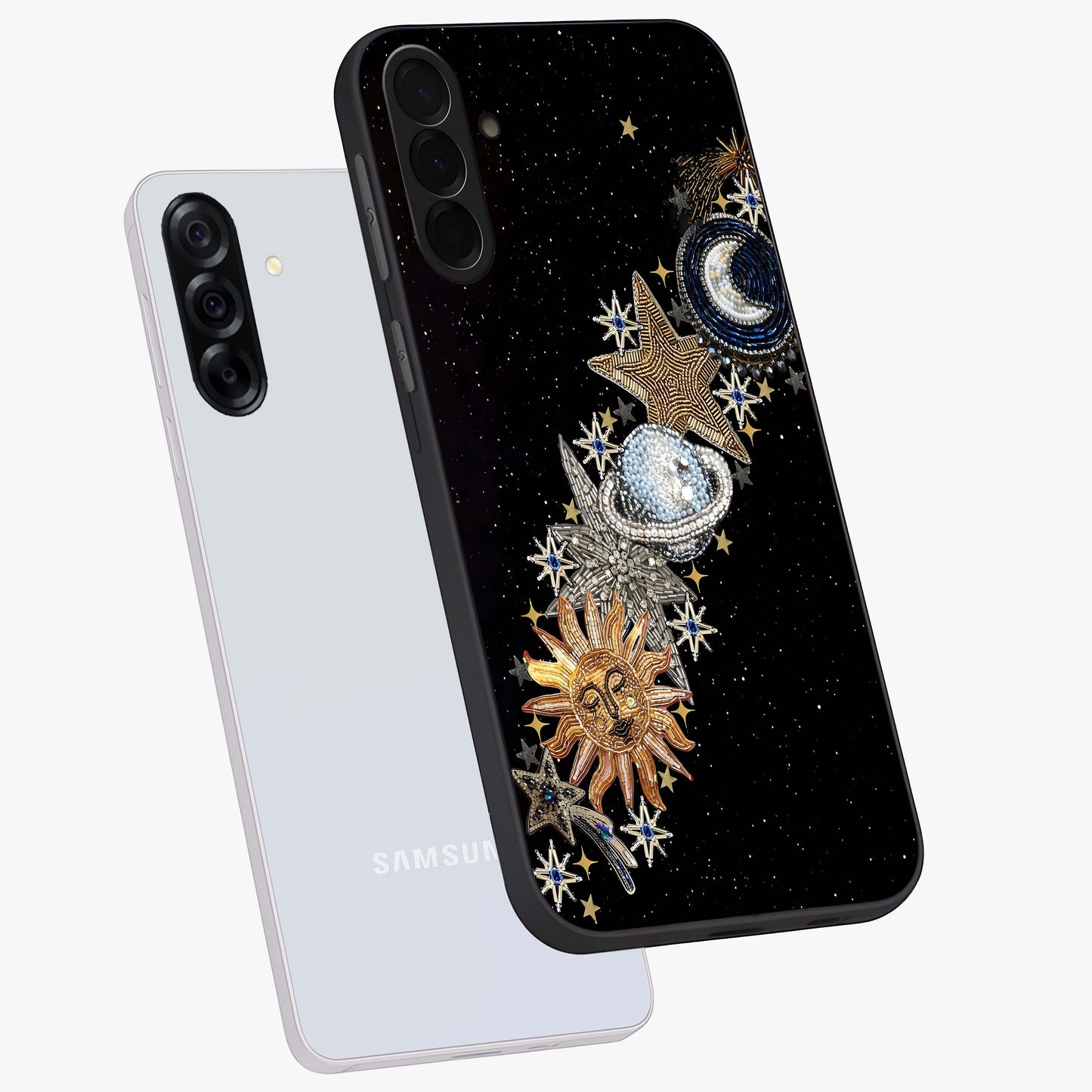 Pearls Universe Object Glass Case displayed in angled mockup highlighting celestial pearl design with dreamy aesthetic.