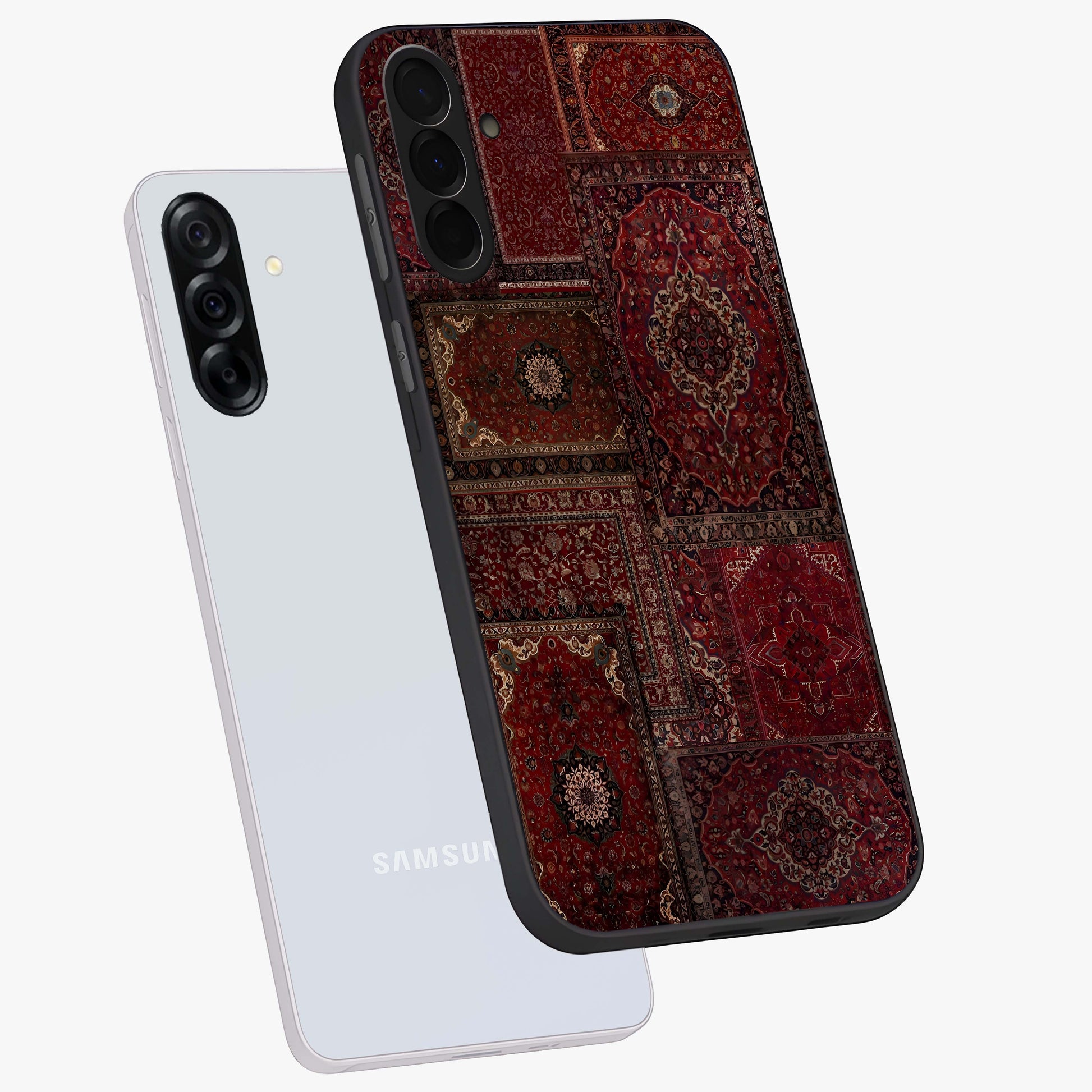 Persian Velvet Tale Glass Case displayed in angled mockup highlighting ornate textile inspired design with royal aesthetic.