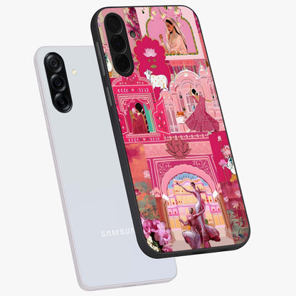 Pink Palace Muse Glass Case displayed in angled mockup highlighting dreamy palace illustration with soft pink aesthetic.