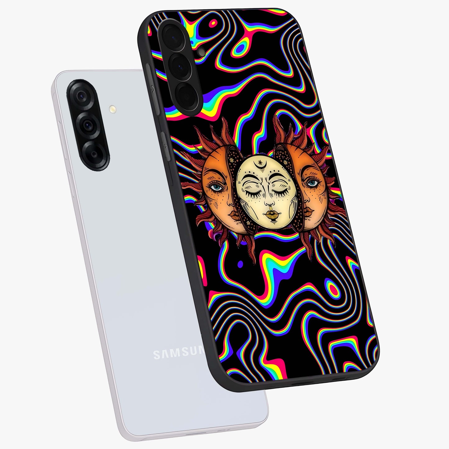 Psychedelic Sun Glass Case displayed in angled mockup highlighting vibrant abstract sun design with artistic aesthetic style.