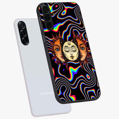Psychedelic Sun Glass Case displayed in angled mockup highlighting vibrant abstract sun design with artistic aesthetic style.