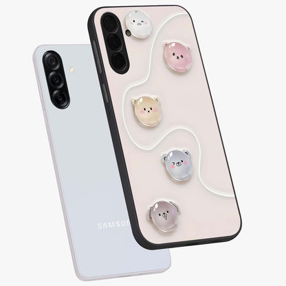 Puffy Face Parade Glass Case displayed in angled mockup highlighting playful cartoon face design with fun aesthetic.