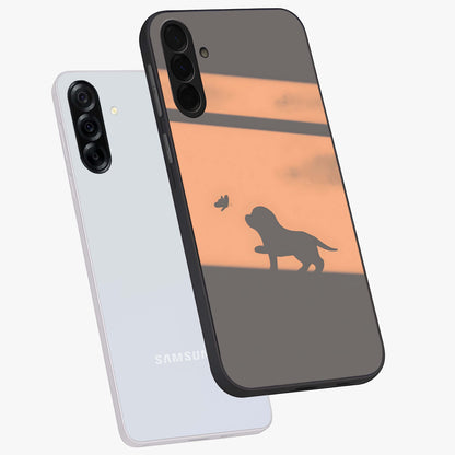 Puppy Shadow Art Glass Case displayed in angled mockup highlighting playful dog illustration with artistic shadow aesthetic.