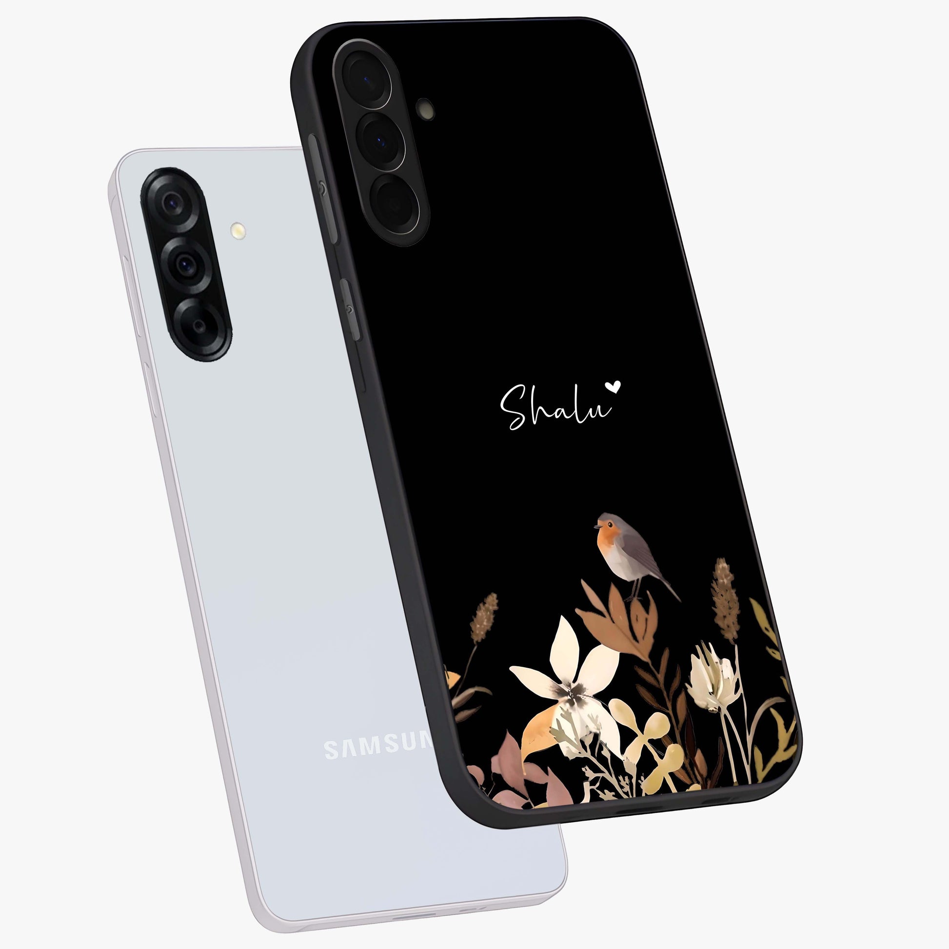 Quiet Garden Tune Custom Name Glass Case displayed in angled mockup highlighting delicate floral garden design with custom name feature.