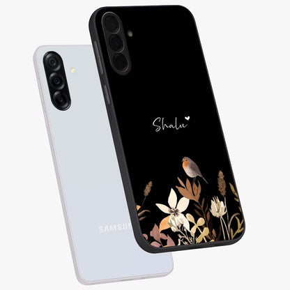 Quiet Garden Tune Custom Name Glass Case displayed in angled mockup highlighting delicate floral garden design with custom name feature.
