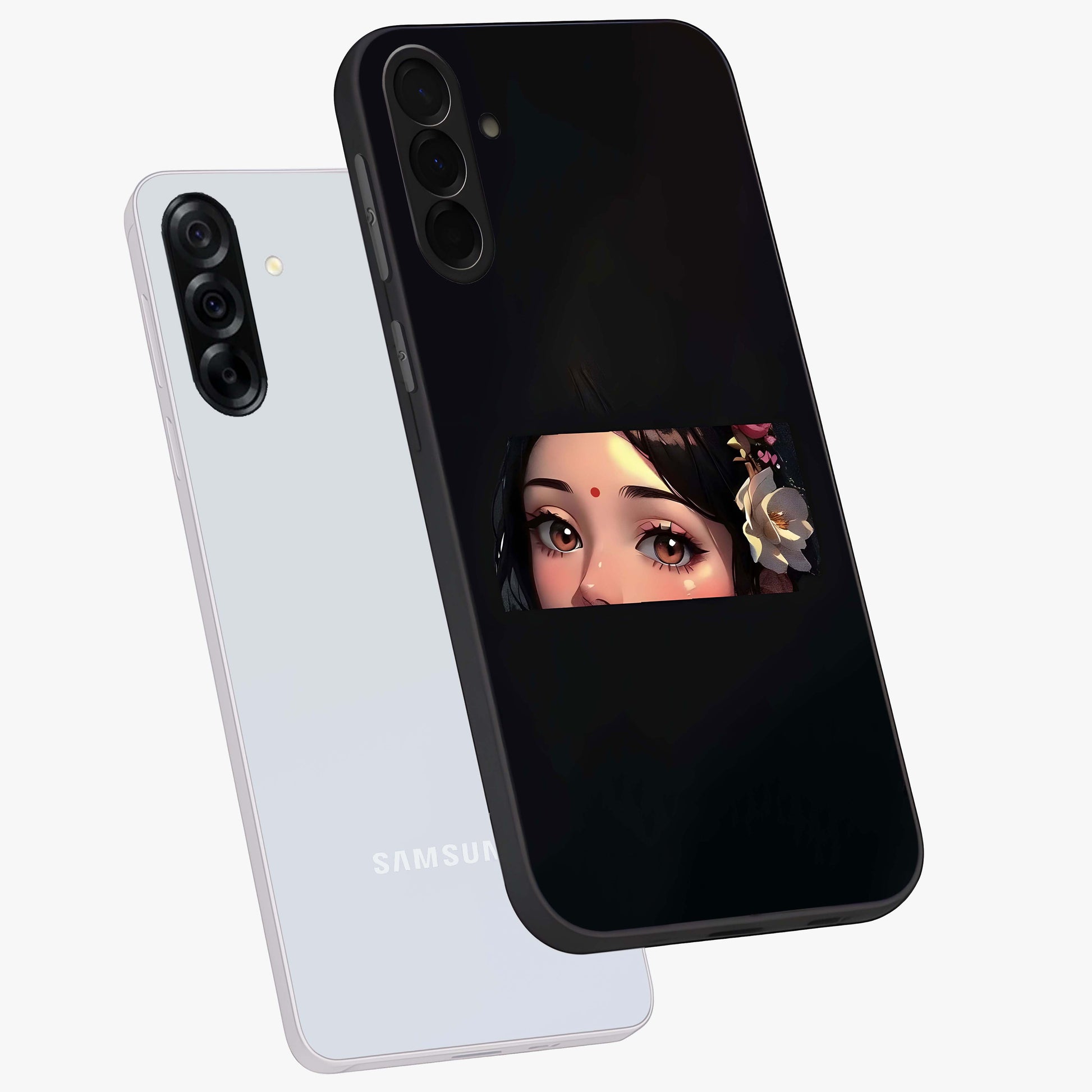 Radha Divine Embrace Glass Case displayed in angled mockup highlighting graceful spiritual illustration with divine aesthetic.