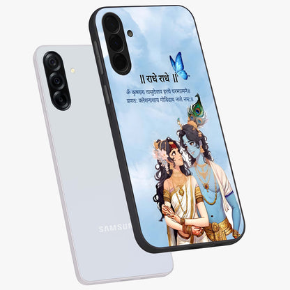 Radha Krishna Eternal Glass Case displayed in angled mockup highlighting divine Radha Krishna illustration with spiritual aesthetic.