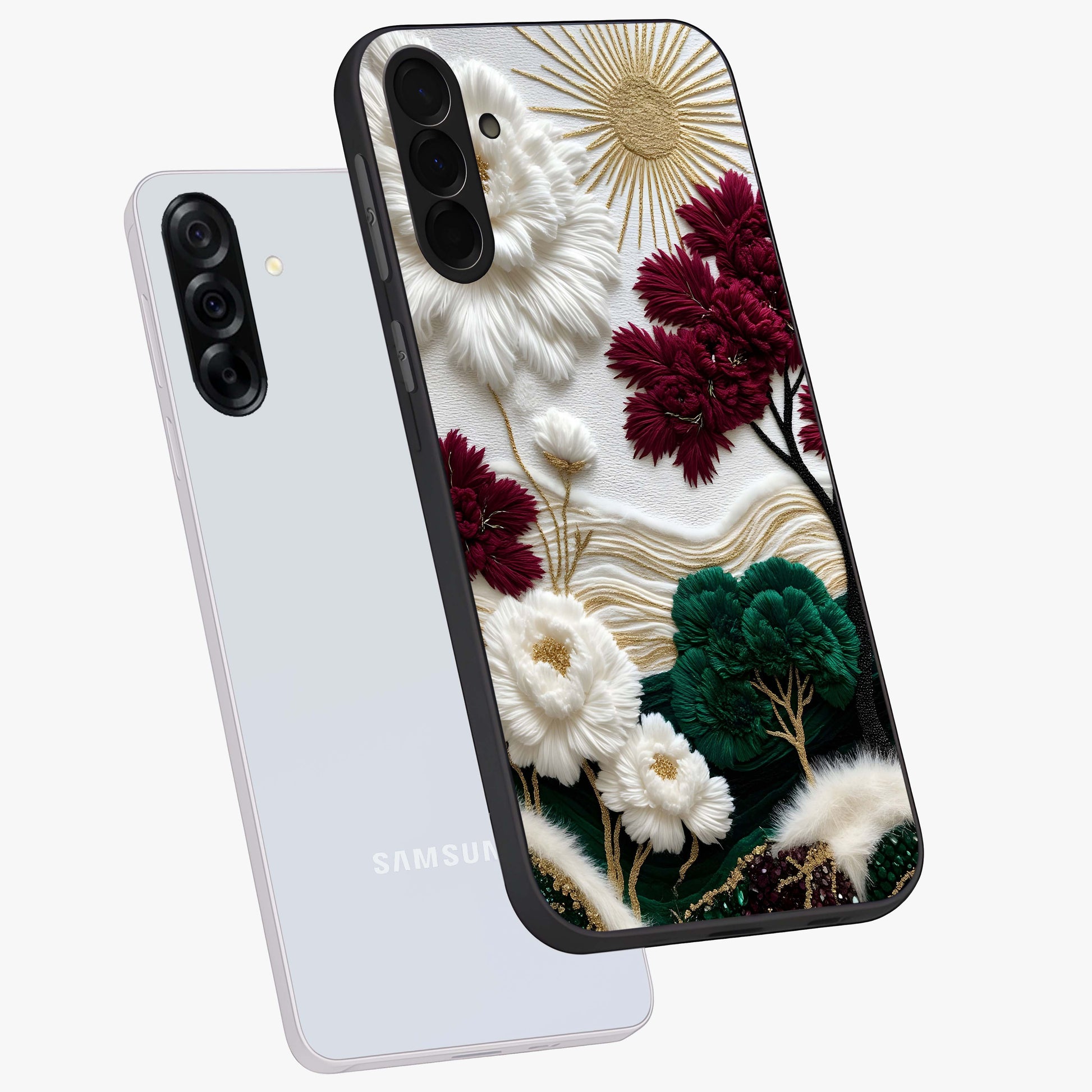 Radiant Bloom Elegance Glass Case displayed in angled mockup highlighting graceful floral design with radiant aesthetic style.