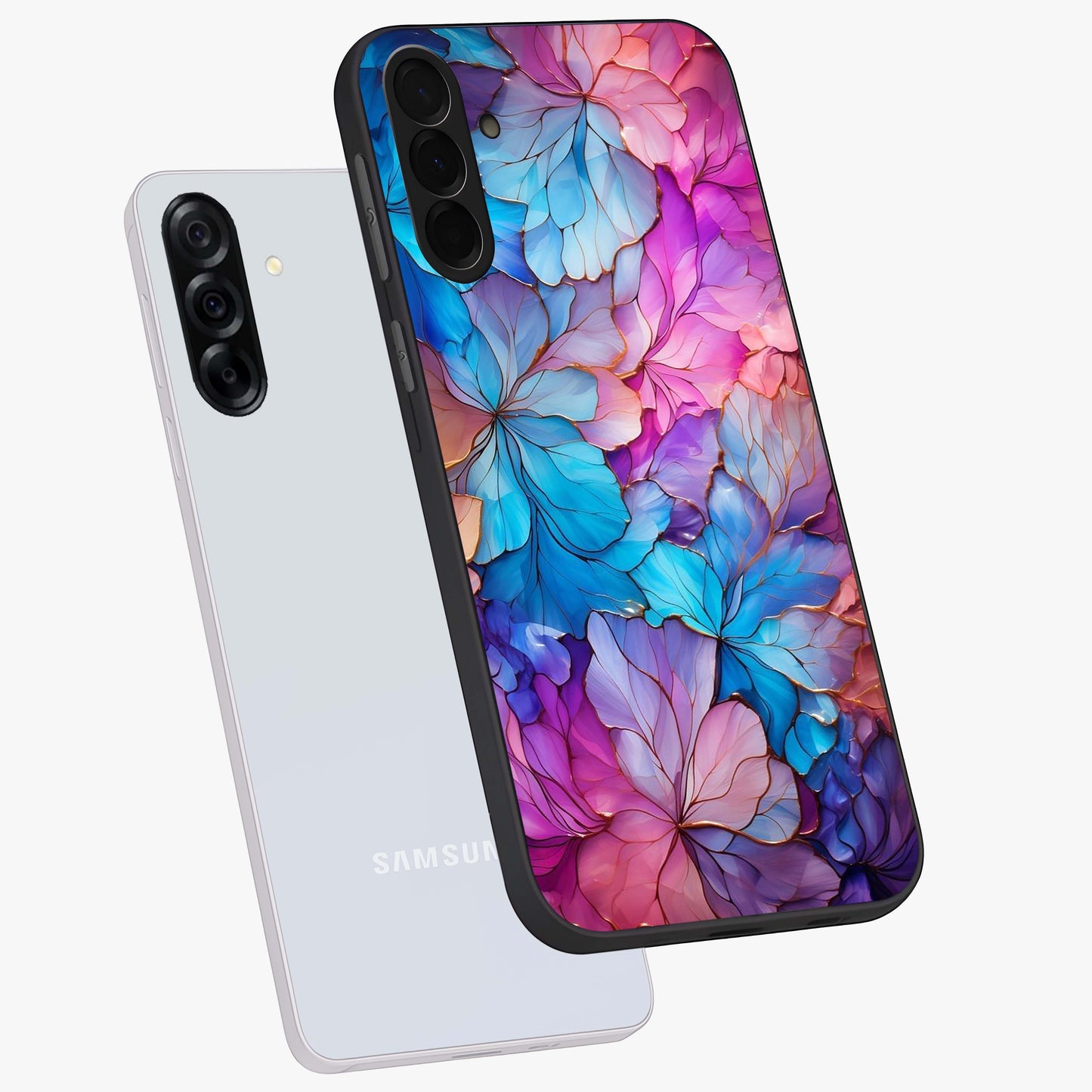 Radiant Floral Whirl Glass Case displayed in angled mockup highlighting vibrant flower pattern with dynamic artistic aesthetic.