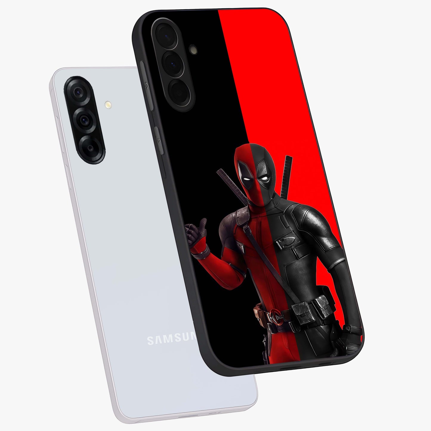 Red & Black Deadpool Theme Glass Case displayed in angled mockup highlighting vibrant superhero style illustration with action aesthetic.