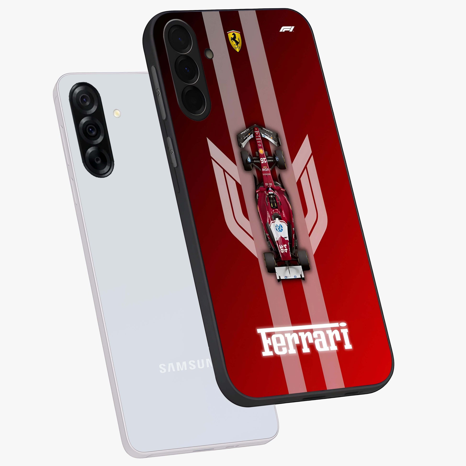 Red Ferrari F1 Vertical Glass Case displayed in angled mockup highlighting high speed racing design with bold automotive aesthetic.