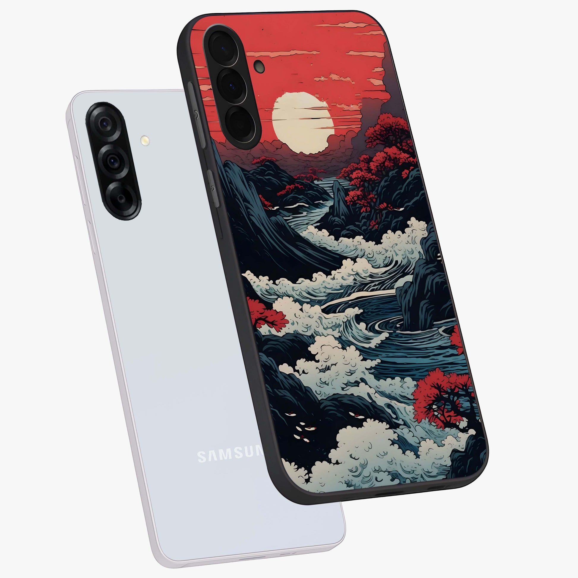 Red Sunset Scenery Glass Case displayed in angled mockup highlighting glowing sunset sky design with scenic aesthetic.