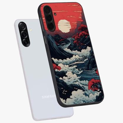 Red Sunset Scenery Glass Case displayed in angled mockup highlighting glowing sunset sky design with scenic aesthetic.