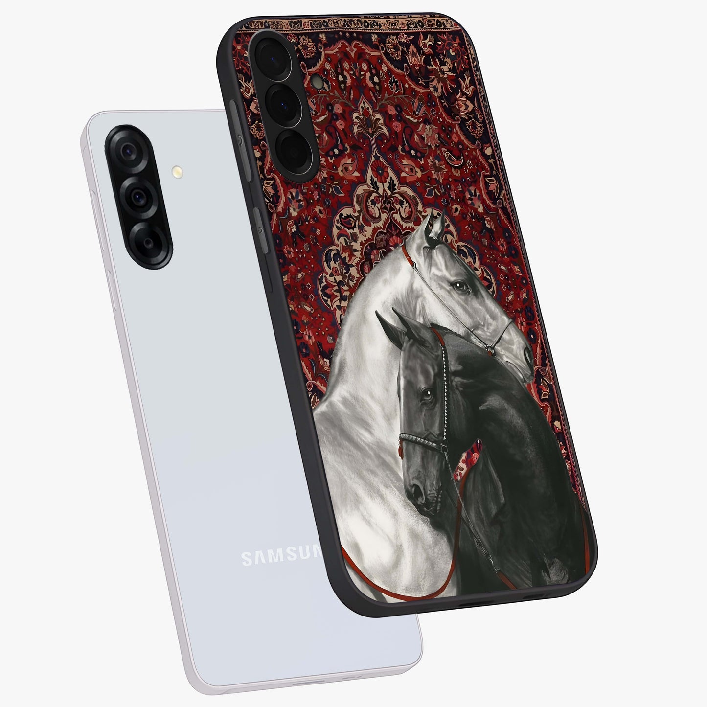 Regal Stallion Tapestry Glass Case displayed in angled mockup highlighting royal stallion design with decorative heritage aesthetic.