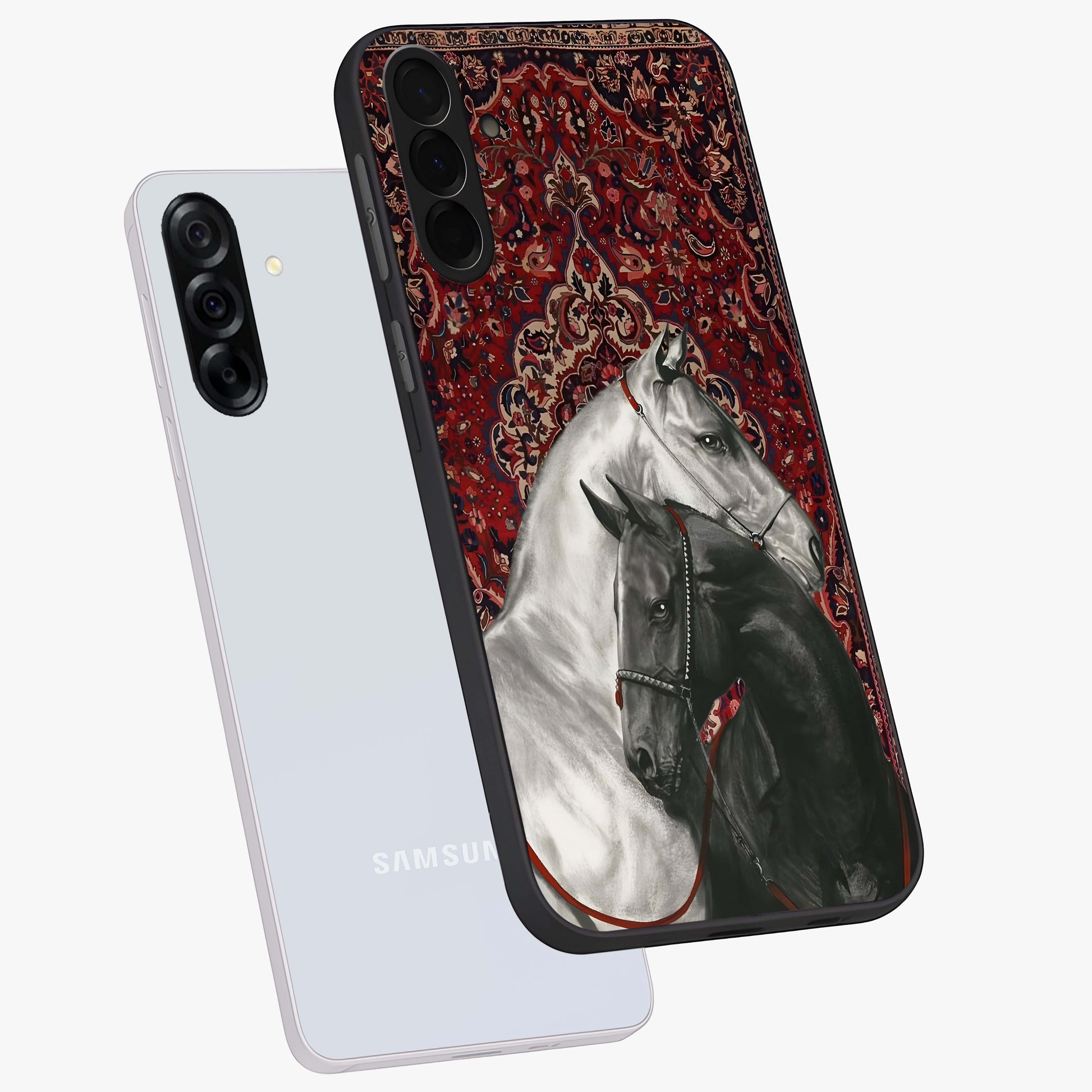 Regal Stallion Tapestry Glass Case displayed in angled mockup highlighting royal stallion design with decorative heritage aesthetic.