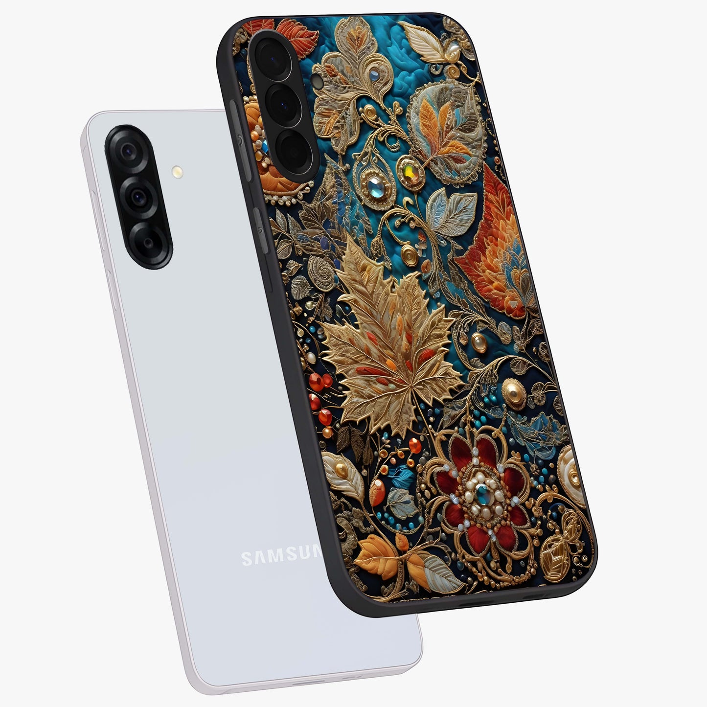 Royal Jewel Garden Glass Case displayed in angled mockup highlighting vibrant jewel inspired floral design with elegant aesthetic.