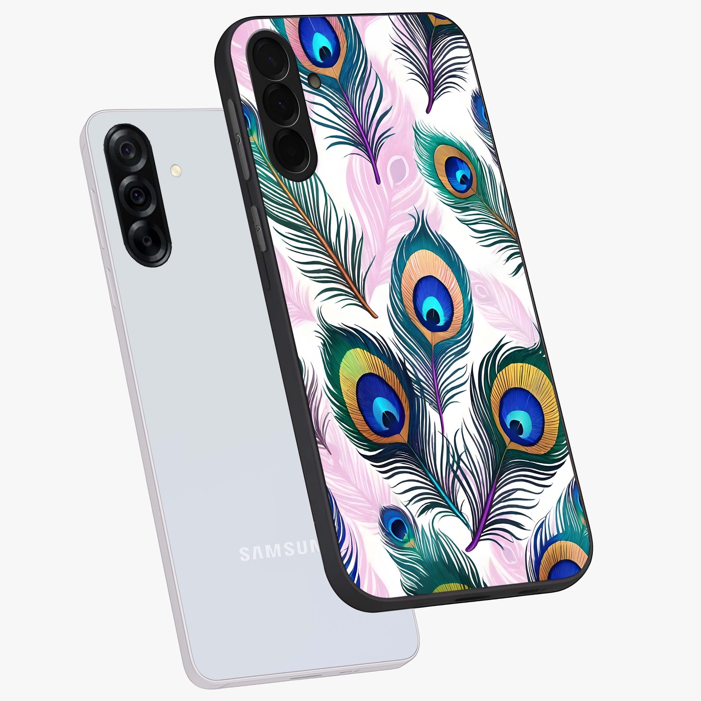 Royal Peacock Feathers Glass Case displayed in angled mockup highlighting vibrant feather pattern with regal aesthetic style.