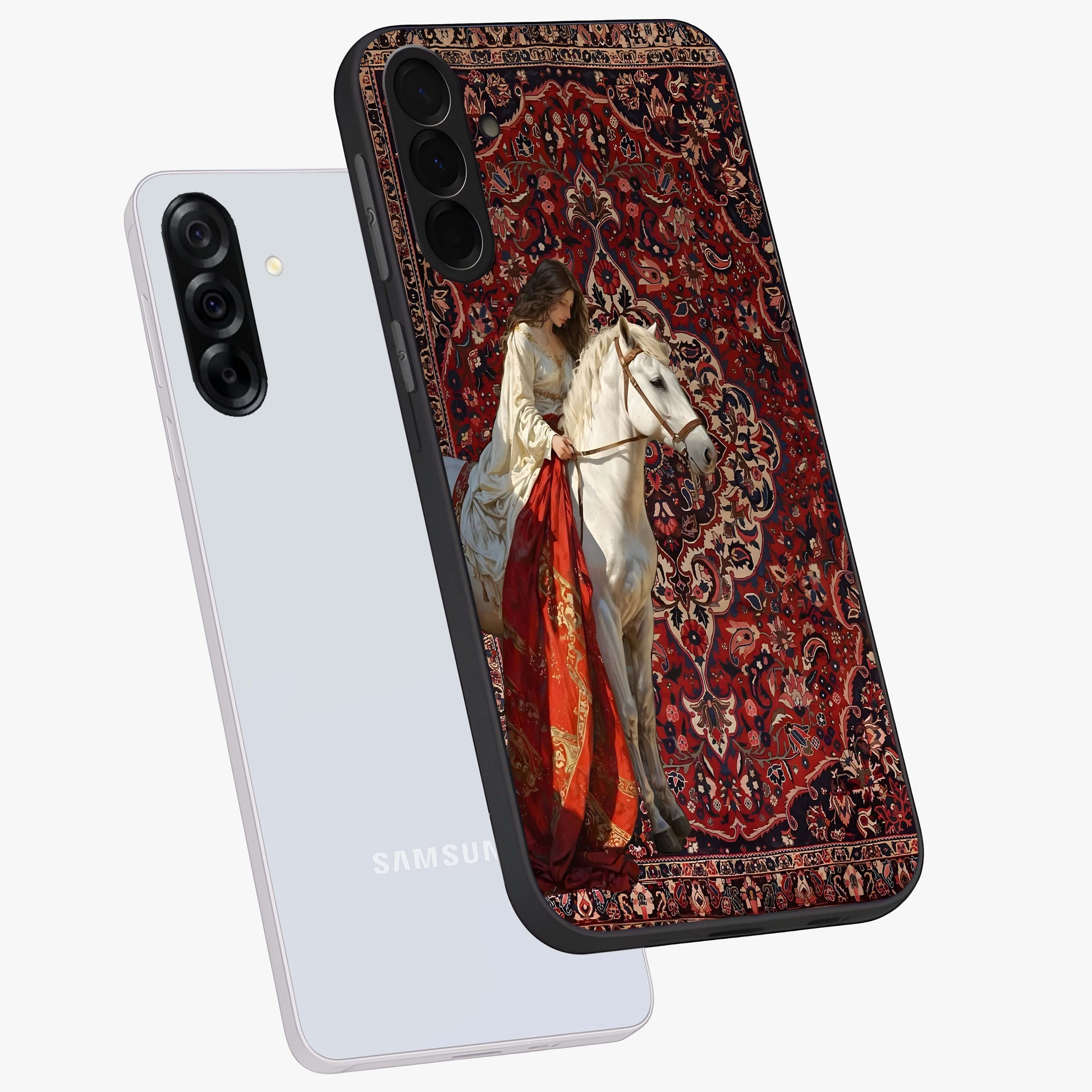 Royal Rider Tapestry Glass Case displayed in angled mockup highlighting traditional tapestry design with royal heritage aesthetic.