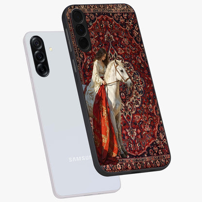 Royal Rider Tapestry Glass Case displayed in angled mockup highlighting traditional tapestry design with royal heritage aesthetic.