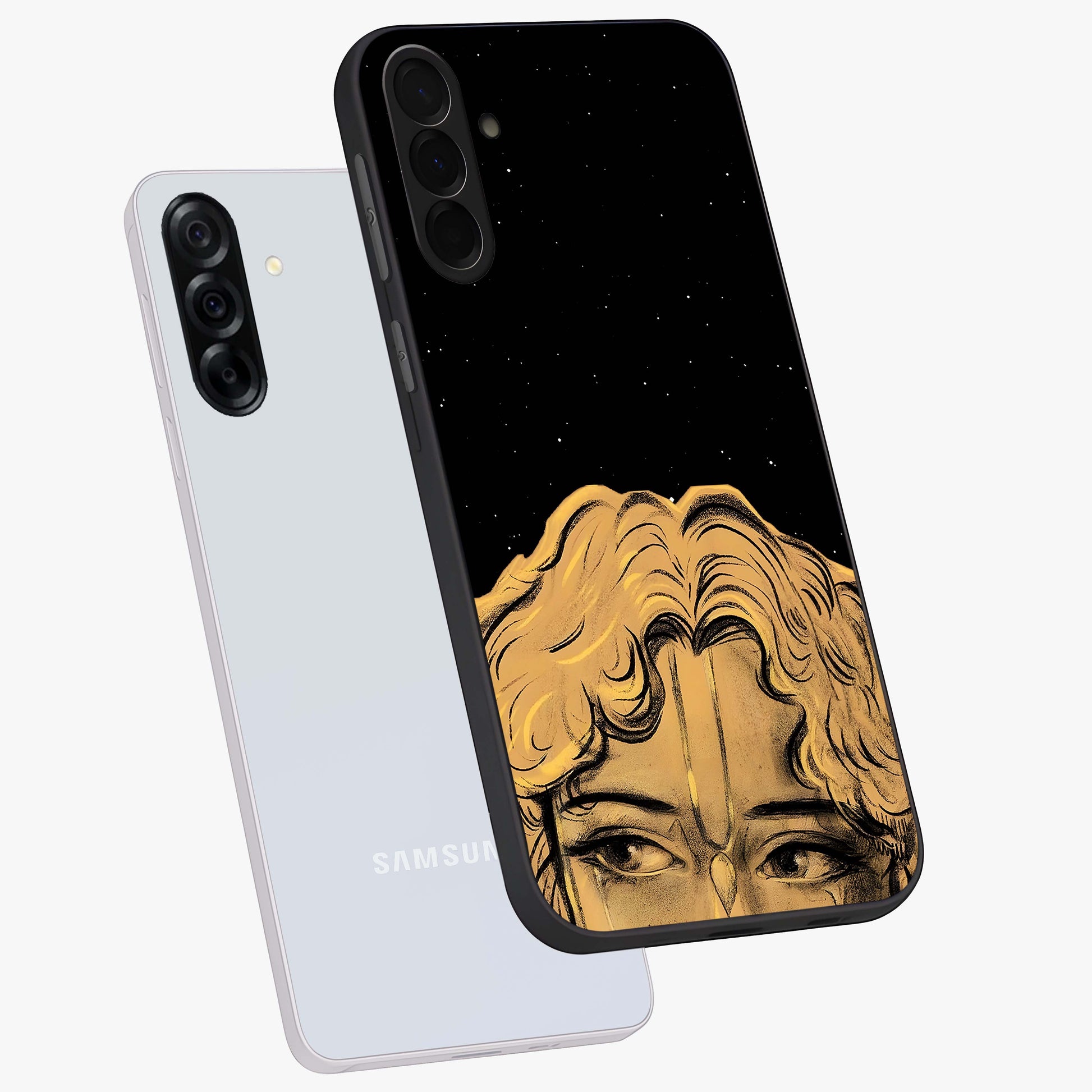 Shri Krishna Art Glass Case displayed in angled mockup highlighting spiritual Krishna illustration with divine aesthetic.