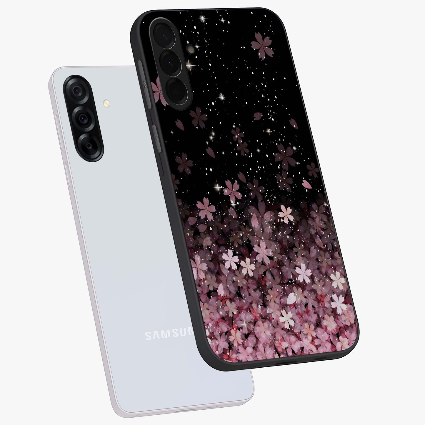 Small Starry Flowers Glass Case displayed in angled mockup highlighting tiny flower pattern with celestial aesthetic style.