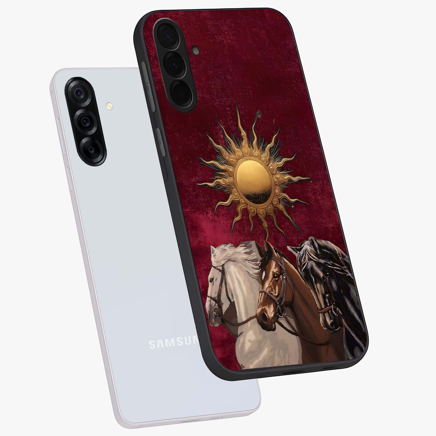 Solar Riders Glass Case displayed in angled mockup highlighting powerful rider illustration with radiant solar aesthetic.