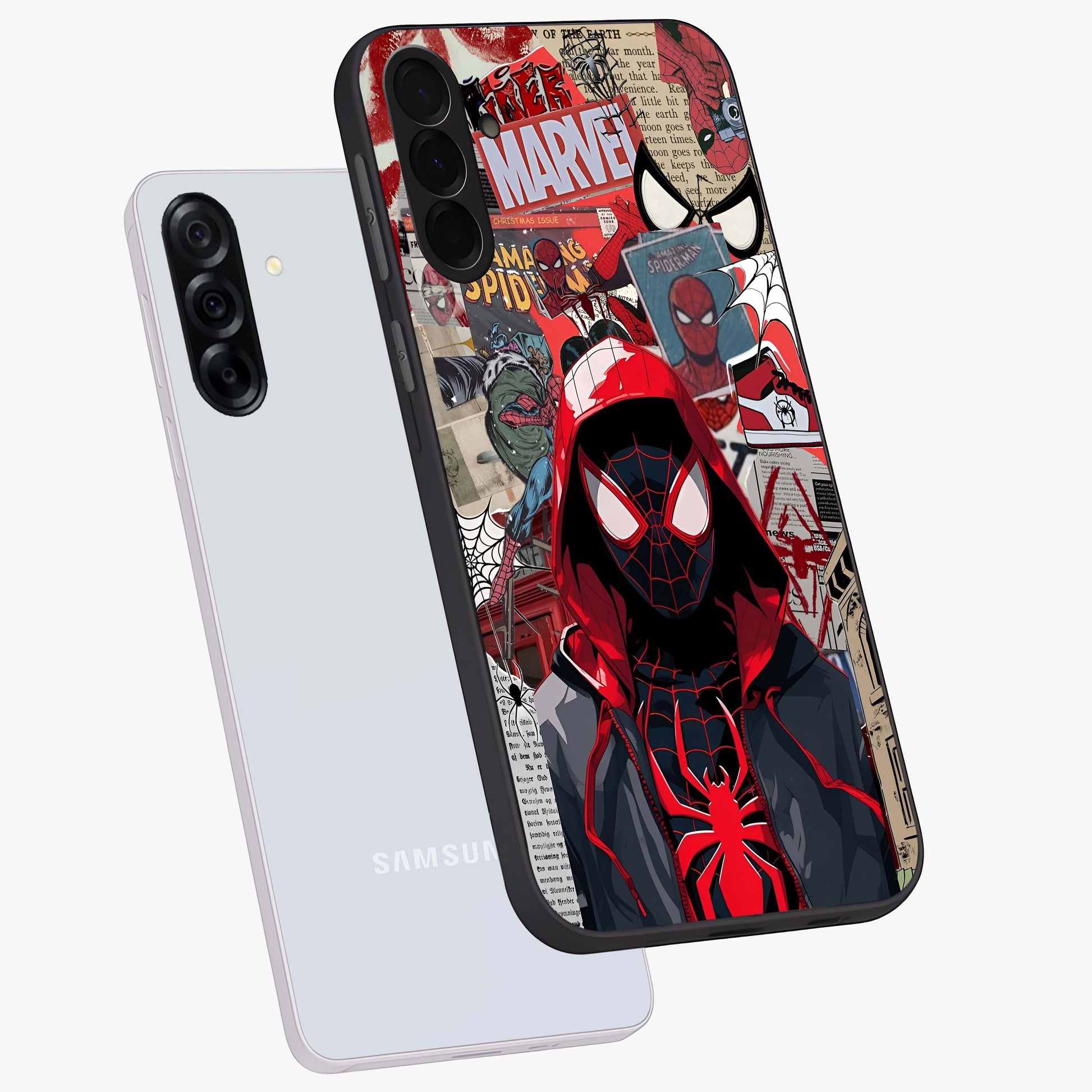 Spider Collage Street Glass Case displayed in angled mockup highlighting dynamic street style collage design with comic aesthetic.