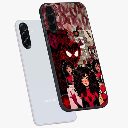 Spider Love Story Glass Case displayed in angled mockup highlighting expressive comic inspired design with playful aesthetic.