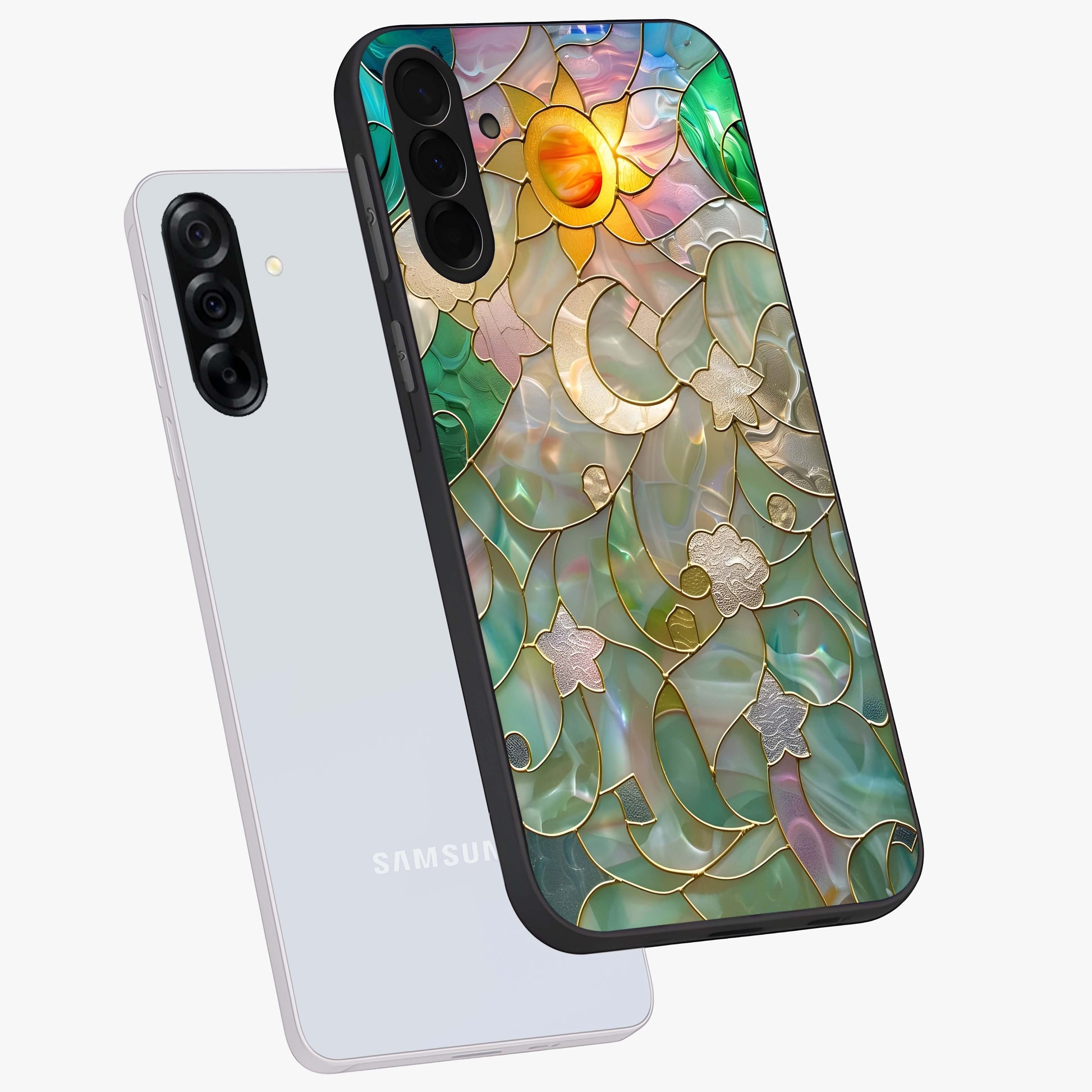 Stained Sunrise Glow Glass Case displayed in angled mockup highlighting radiant sunrise design with artistic aesthetic style.