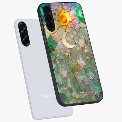 Stained Sunrise Glow Glass Case displayed in angled mockup highlighting radiant sunrise design with artistic aesthetic style.