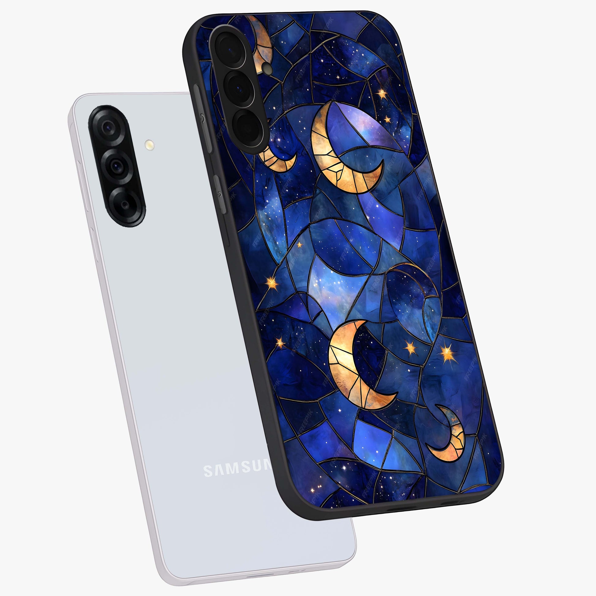 Starlit Sky Tapestry Glass Case displayed in angled mockup highlighting celestial night pattern with artistic aesthetic style.