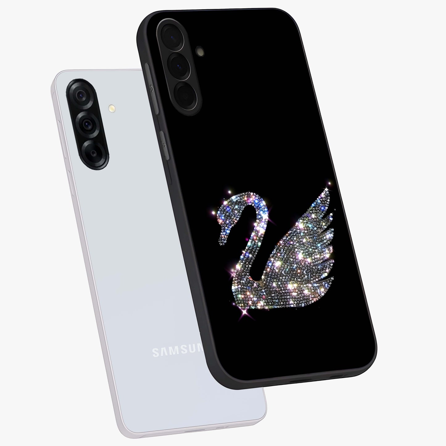 Starlit Swan Grace Glass Case displayed in angled mockup highlighting elegant swan illustration with dreamy celestial aesthetic.