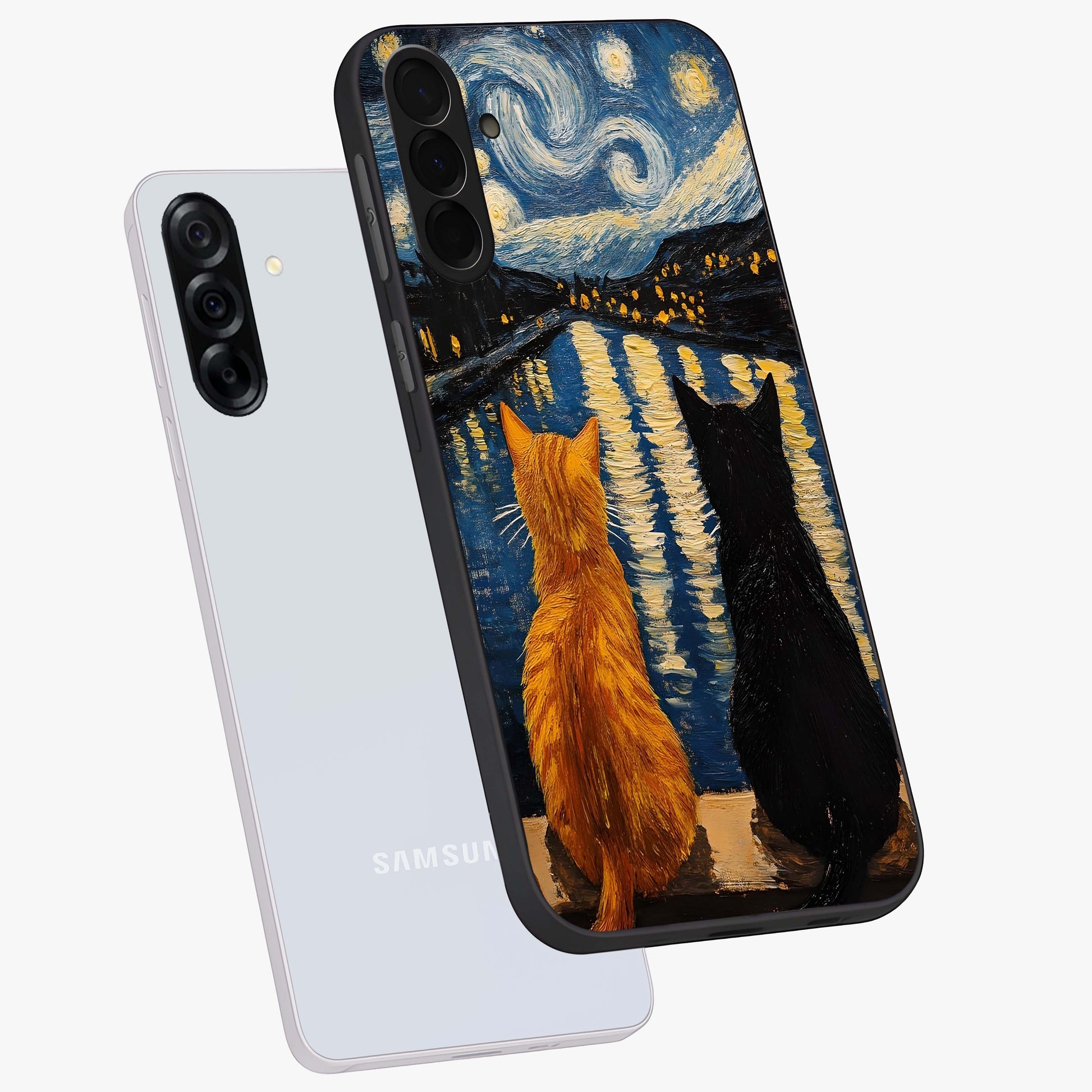 Starry River Cats Glass Case displayed in angled mockup highlighting charming feline illustration with dreamy night aesthetic.